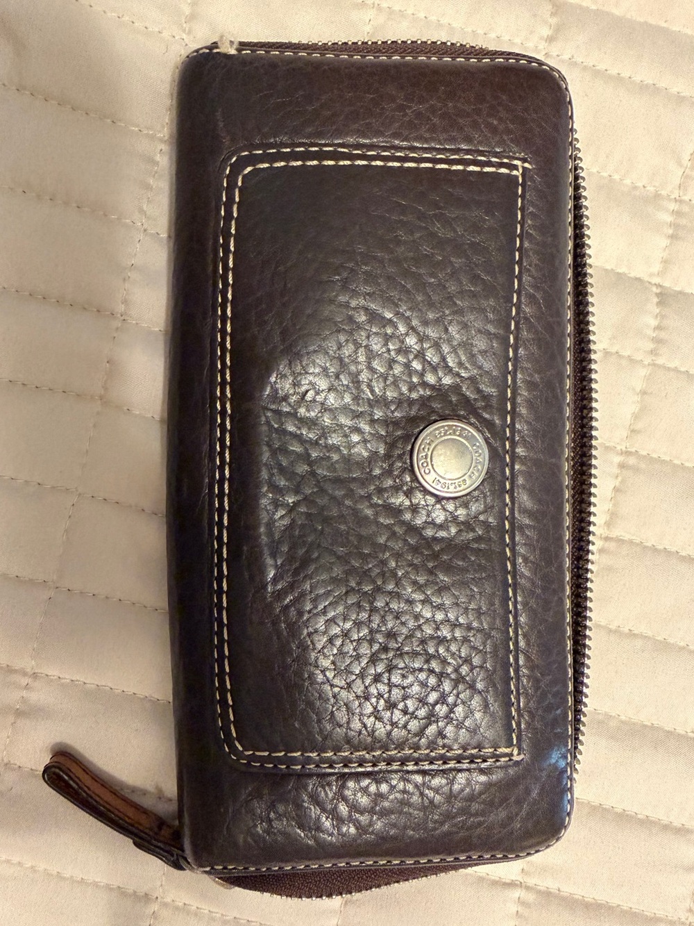 Coach Brown Leather Zip Around Wallet with Contrast Stitching